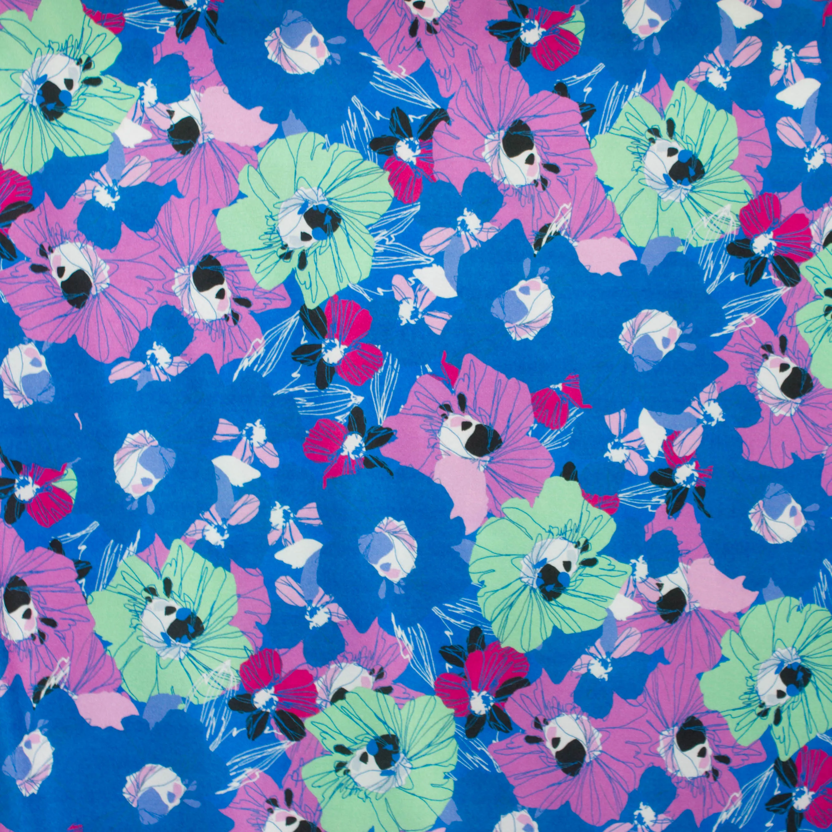 Polyester tricot blauw met getekende bloemen